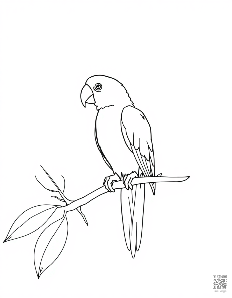 Free parrot perched on a tropical branch coloring page in minimal style — printable line art
