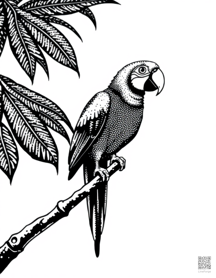 Free parrot perched on a tropical branch coloring page in stipple style — printable line art