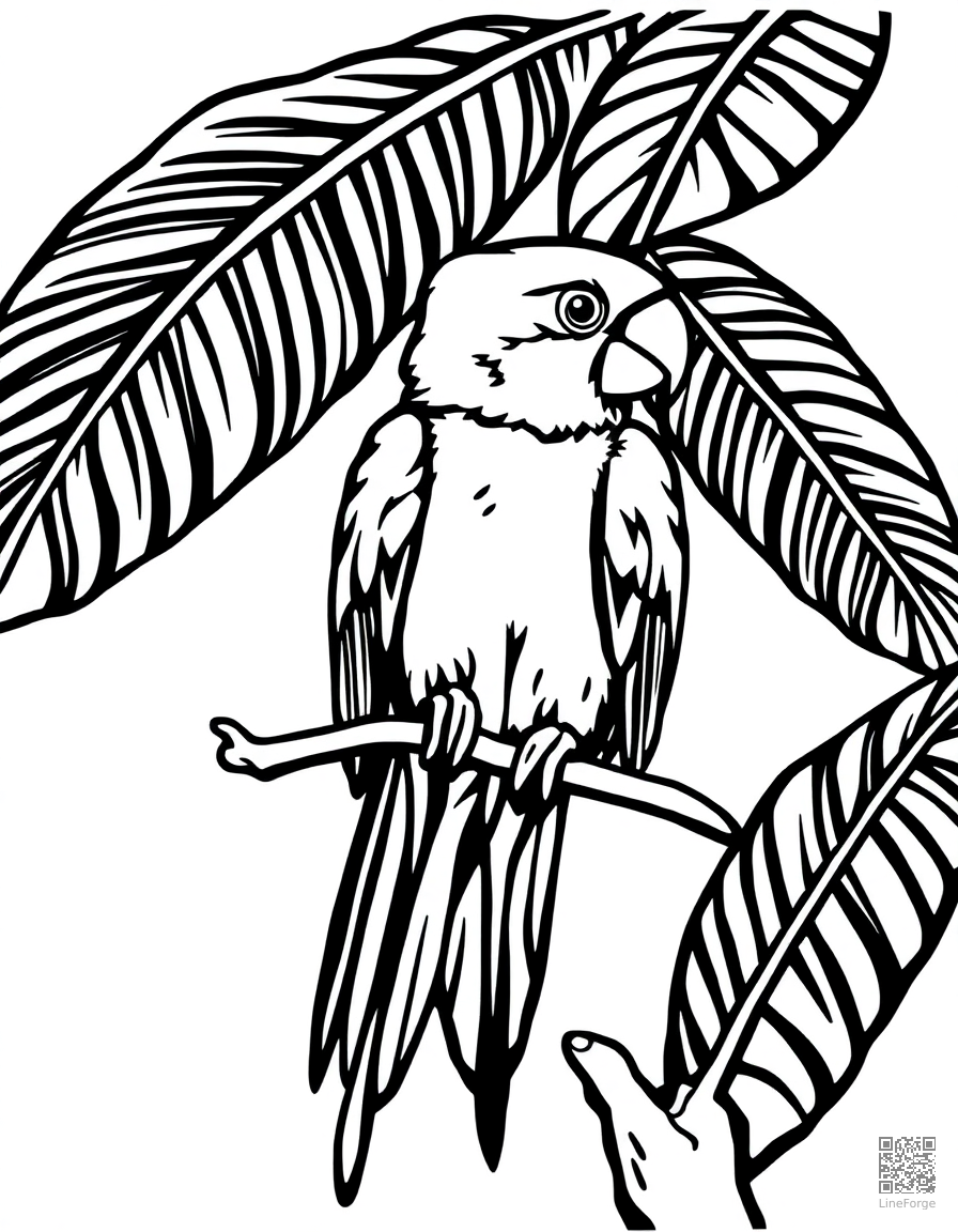 Parrot perched on a tropical branch coloring page Woodcut style - free printable