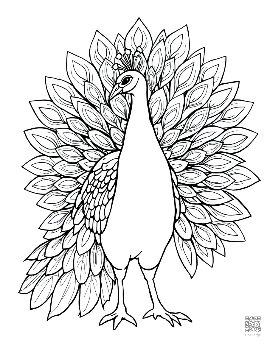 Free peacock displaying its feathers coloring page in contour style — printable line art