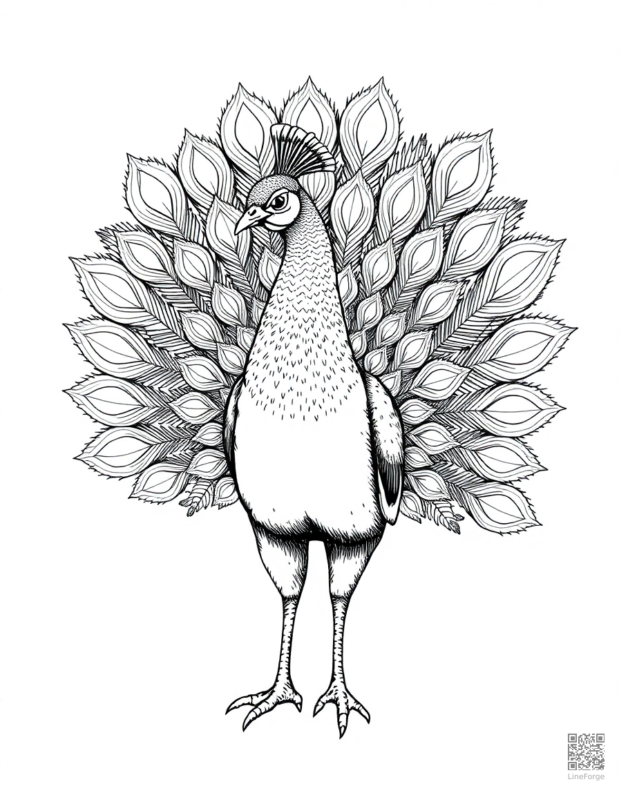 Free peacock displaying its feathers coloring page in crosshatch style — printable line art