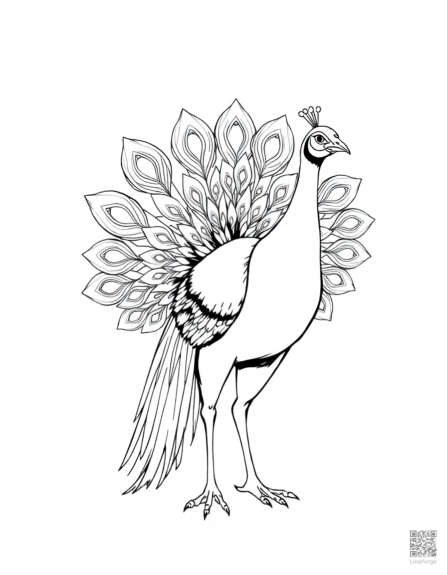 Free peacock displaying its feathers coloring page in manga style — printable line art