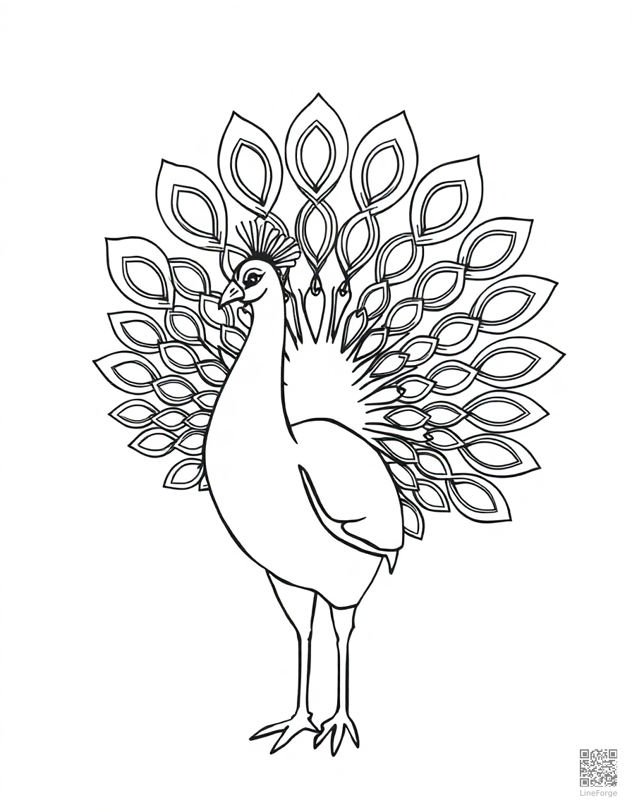Free peacock displaying its feathers coloring page in minimal style — printable line art