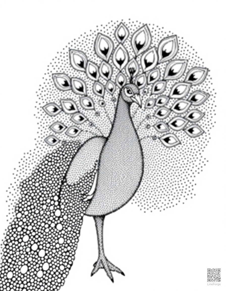 Free peacock displaying its feathers coloring page in stipple style — printable line art
