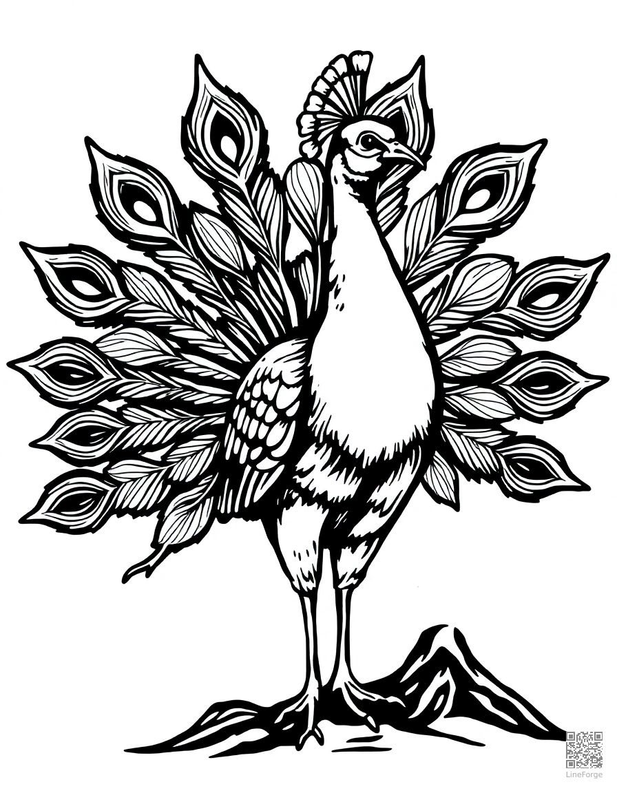 Free peacock displaying its feathers coloring page in woodcut style — printable line art