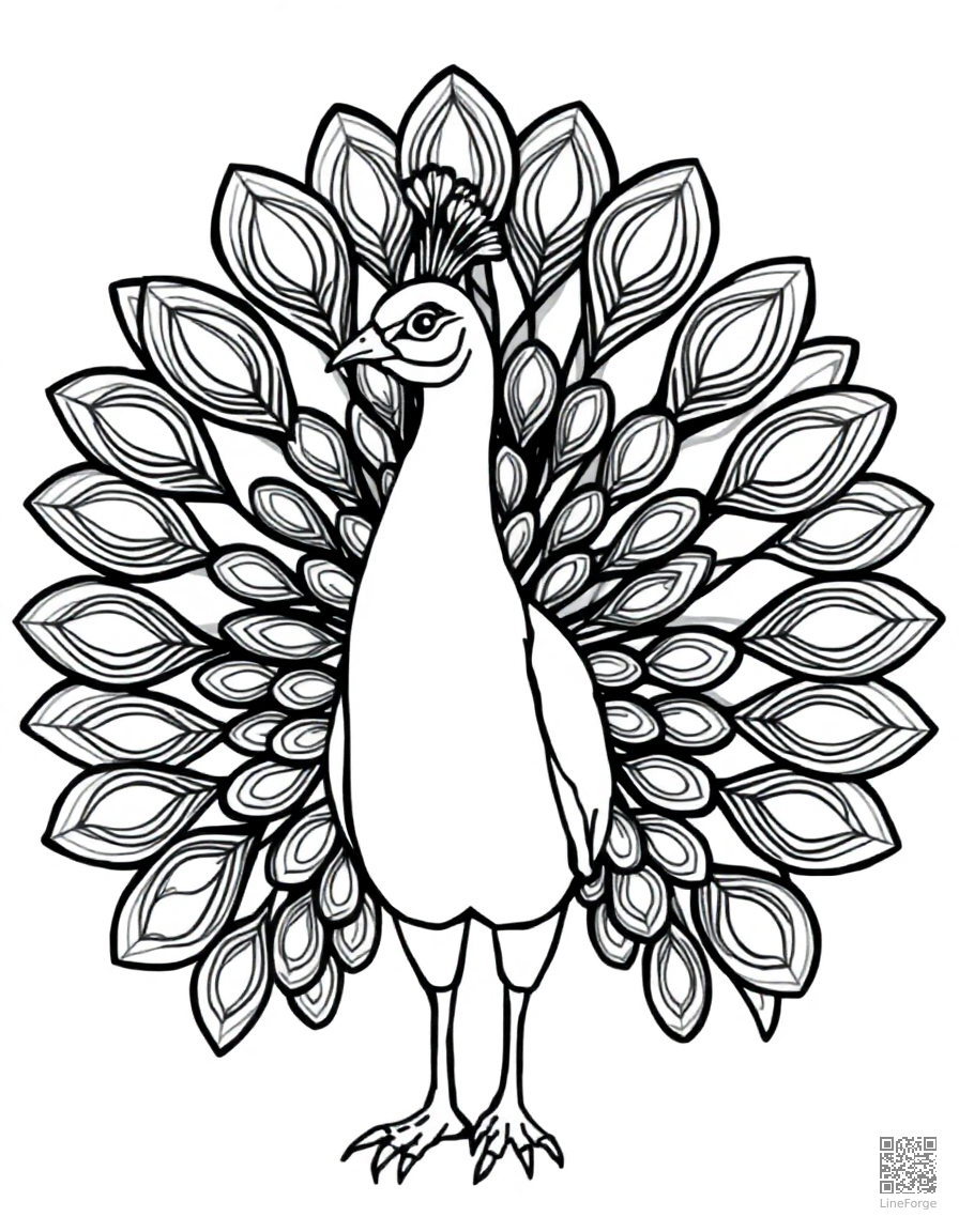 peacock displaying its full tail feathers coloring page Contour style - free printable