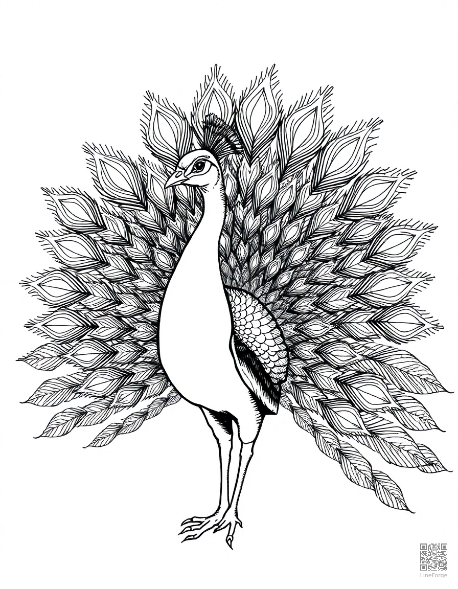 peacock displaying its full tail feathers coloring page Crosshatch style - free printable
