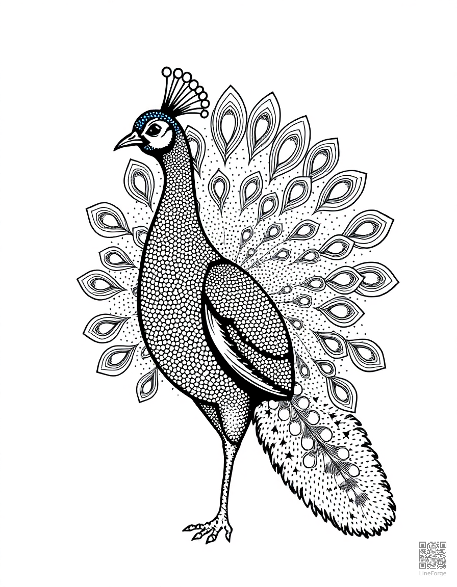 peacock displaying its full tail feathers coloring page Stipple style - free printable