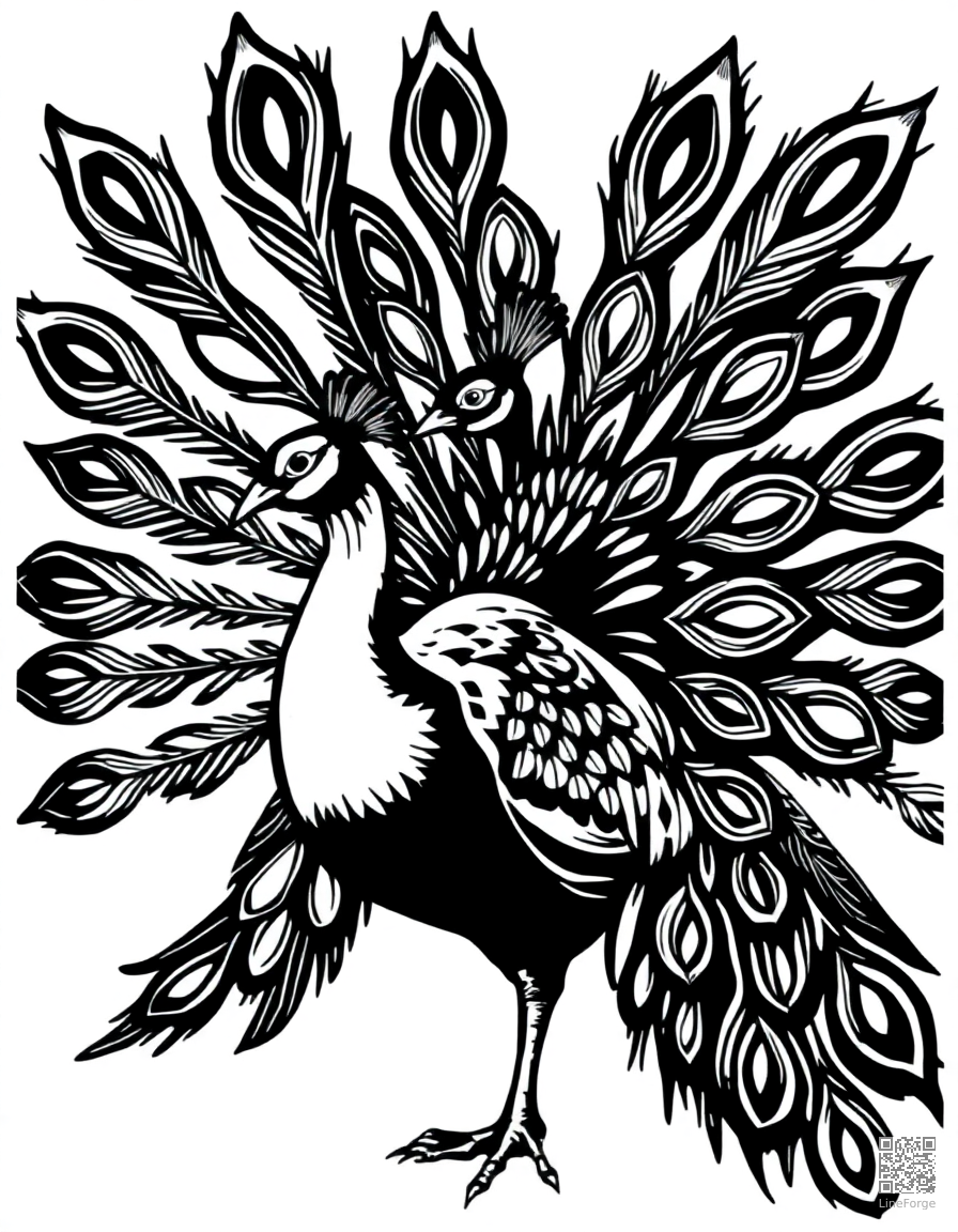 peacock displaying its full tail feathers coloring page Woodcut style - free printable