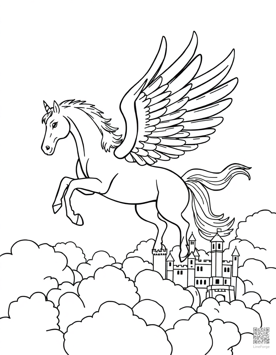 pegasus flying through clouds above a castle coloring page Contour style - free printable