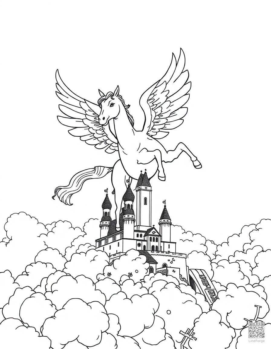 pegasus flying through clouds above a castle coloring page Manga style - free printable