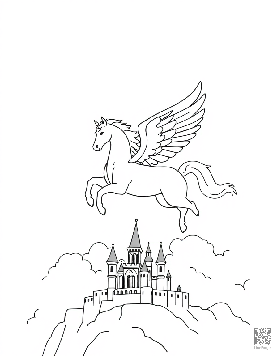 pegasus flying through clouds above a castle coloring page Minimal style - free printable