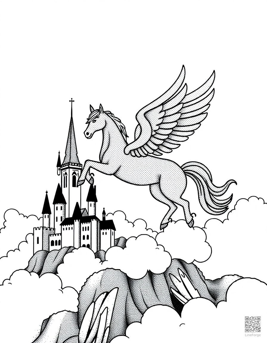 pegasus flying through clouds above a castle coloring page Stipple style - free printable