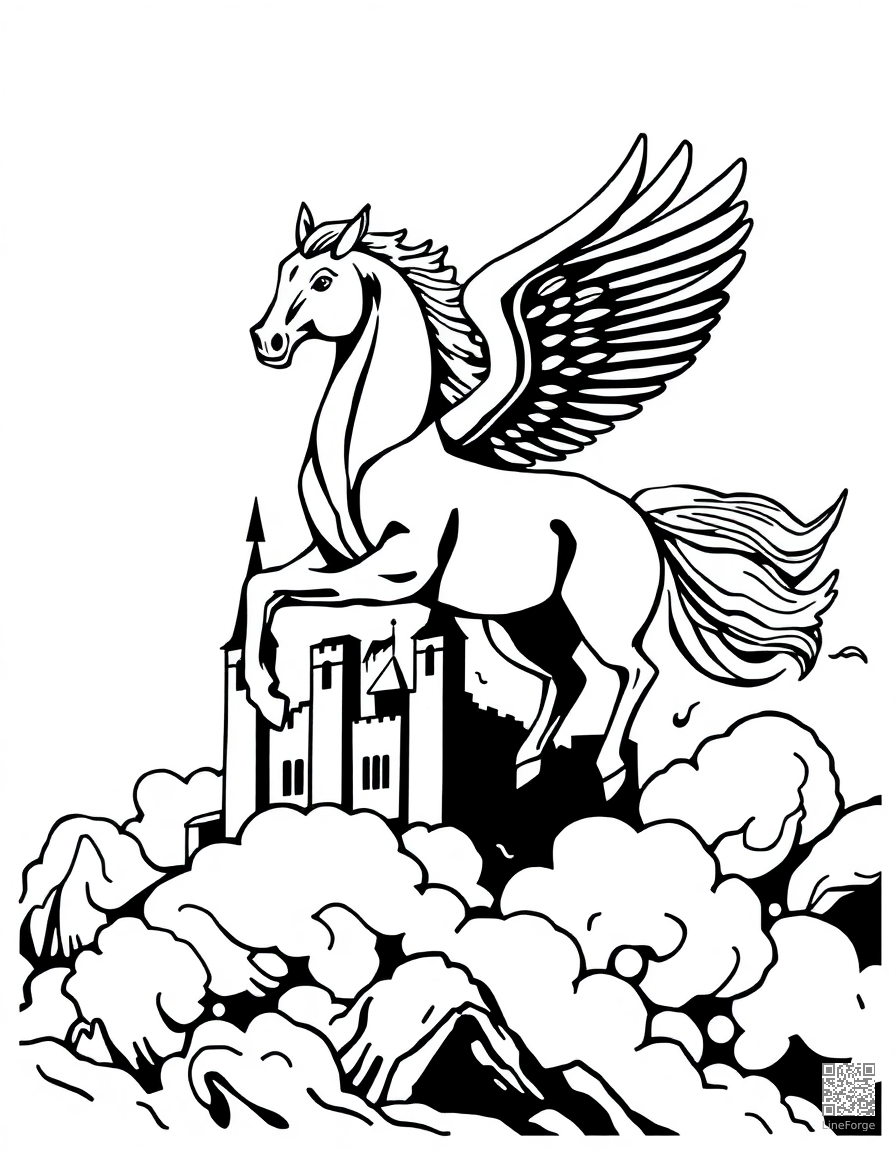 pegasus flying through clouds above a castle coloring page Woodcut style - free printable