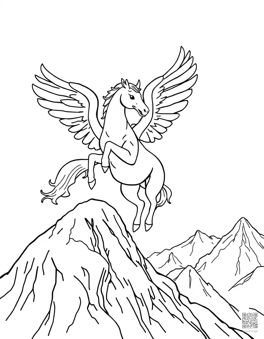 pegasus landing on a mountain peak coloring page Contour style - free printable