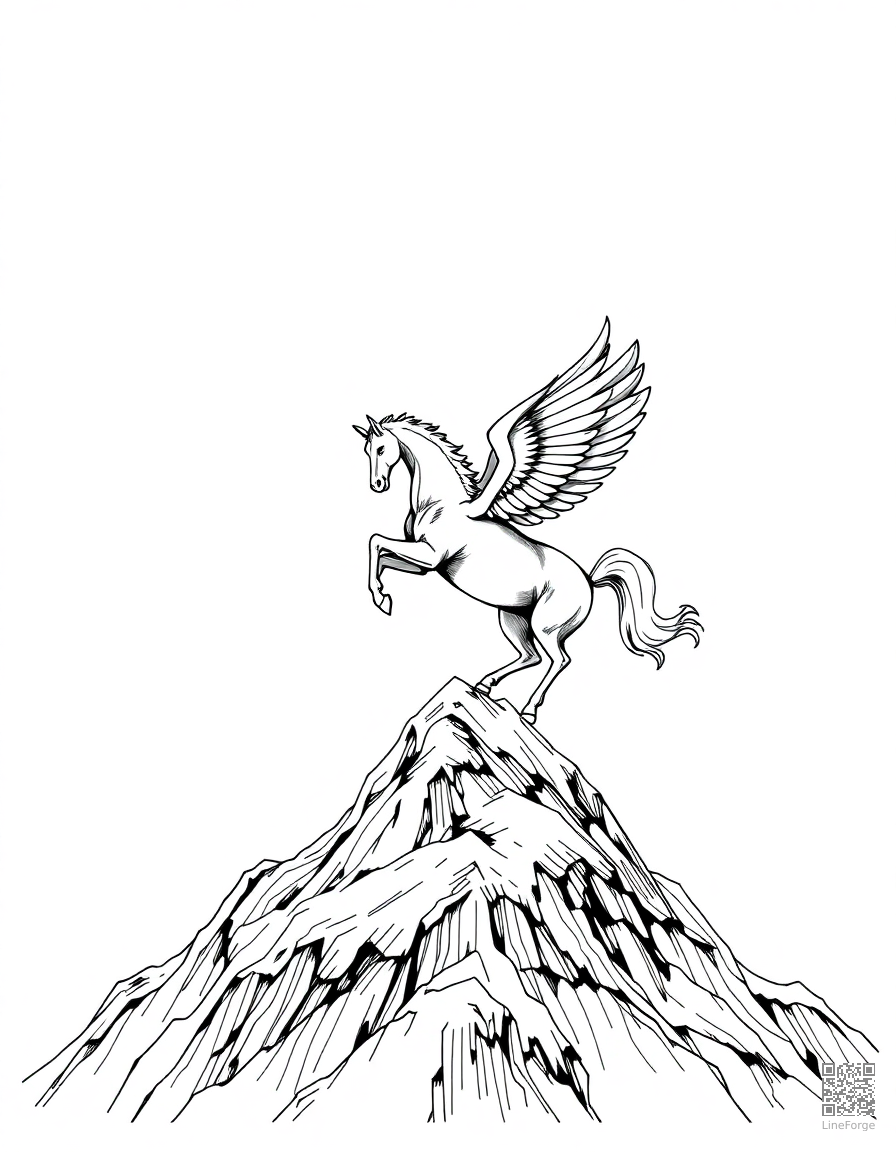 pegasus landing on a mountain peak coloring page Crosshatch style - free printable