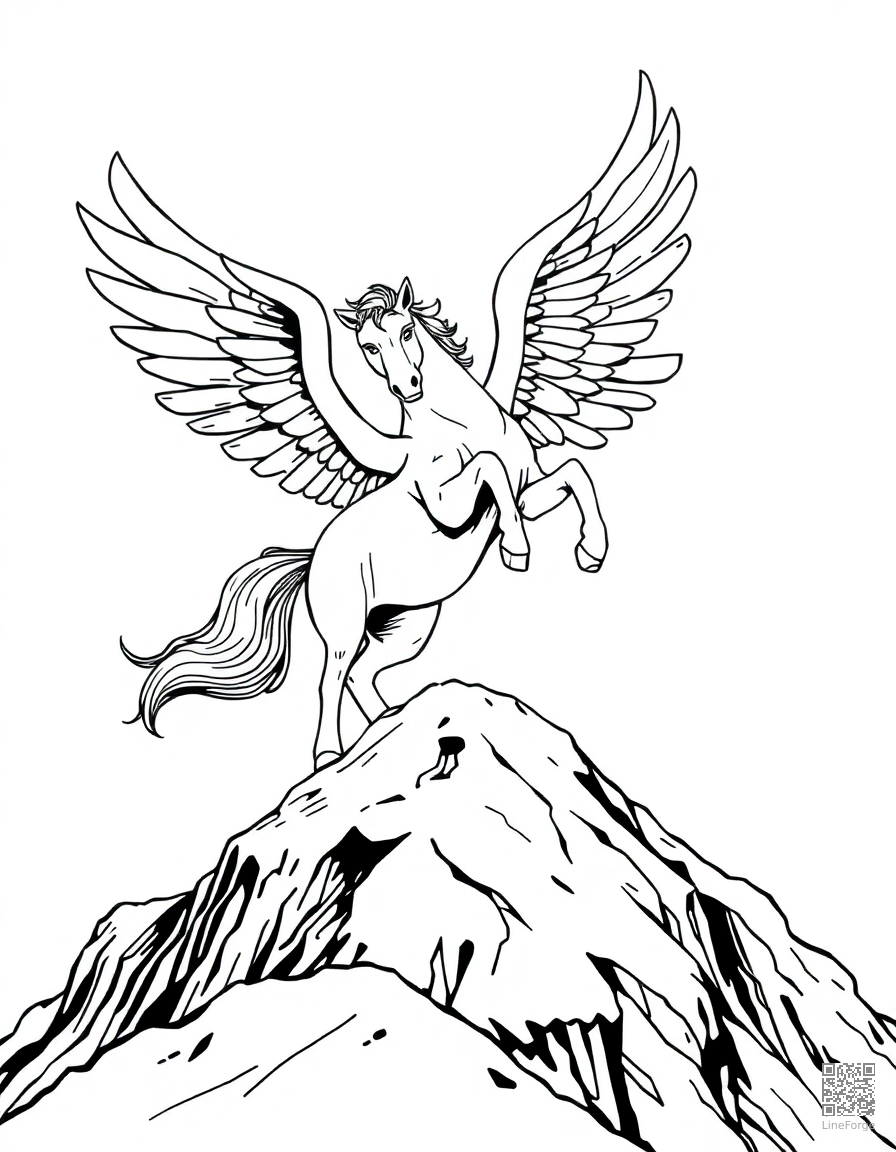 pegasus landing on a mountain peak coloring page Manga style - free printable