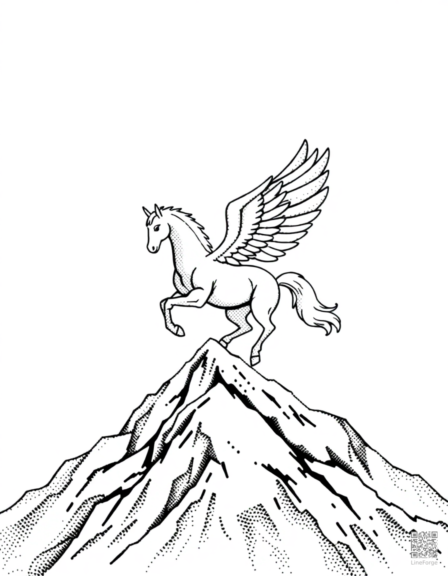 pegasus landing on a mountain peak coloring page Stipple style - free printable