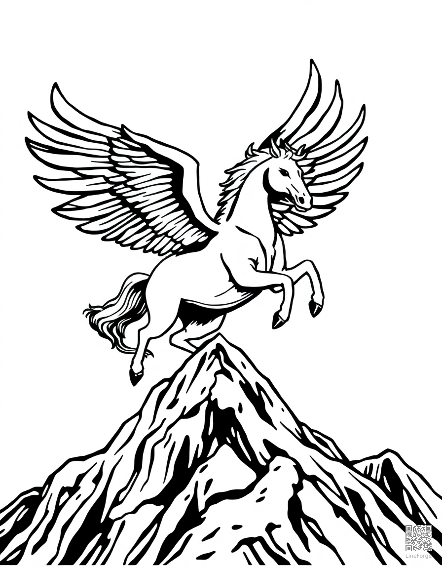 pegasus landing on a mountain peak coloring page Woodcut style - free printable