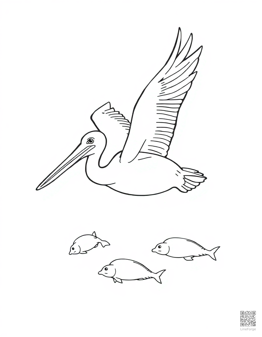 Free pelican diving for fish coloring page in contour style — printable line art
