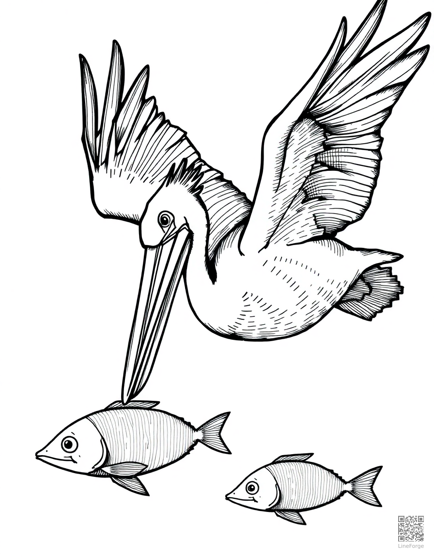pelican diving for fish coloring page Crosshatch style - free printable