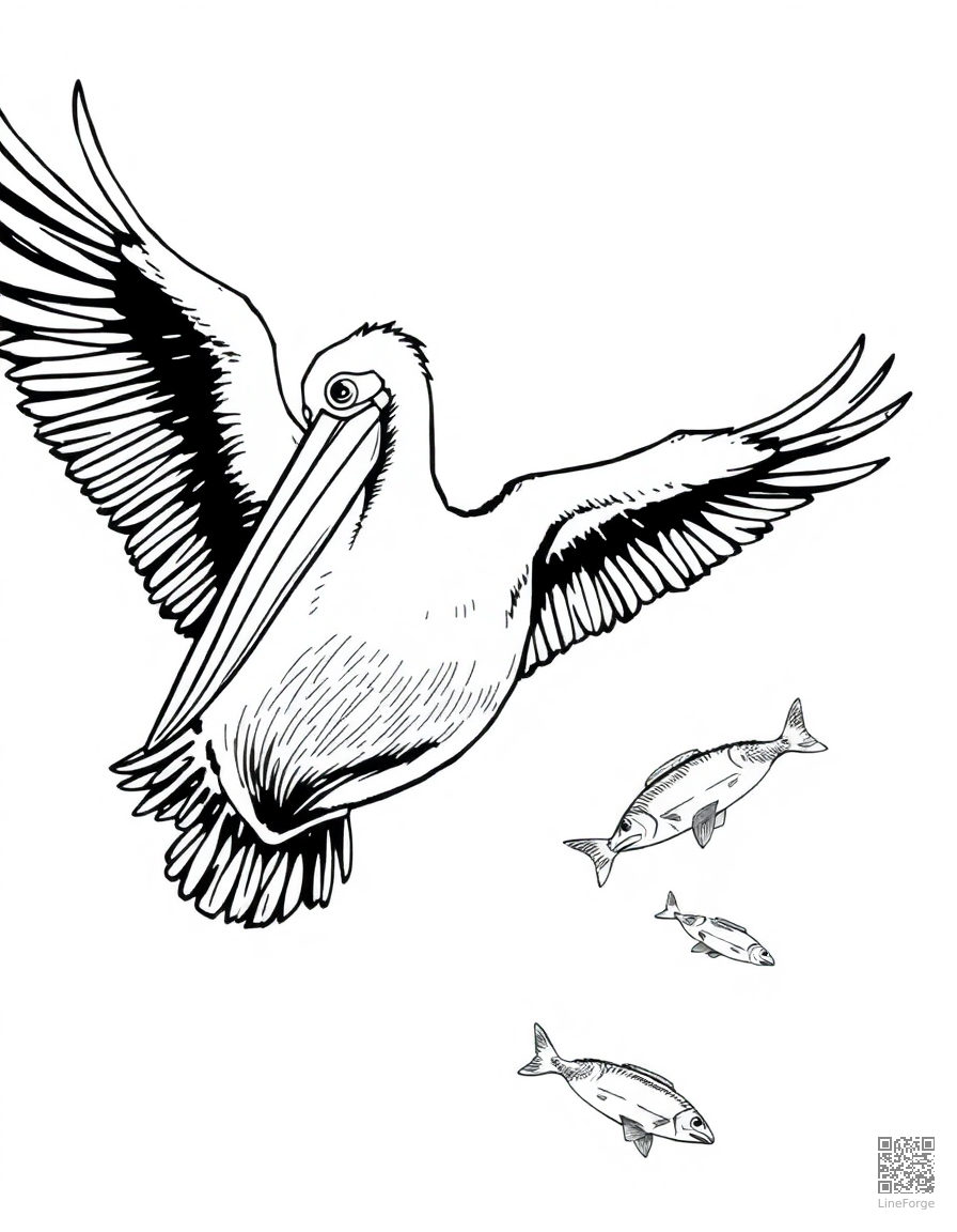 Free pelican diving for fish coloring page in manga style — printable line art