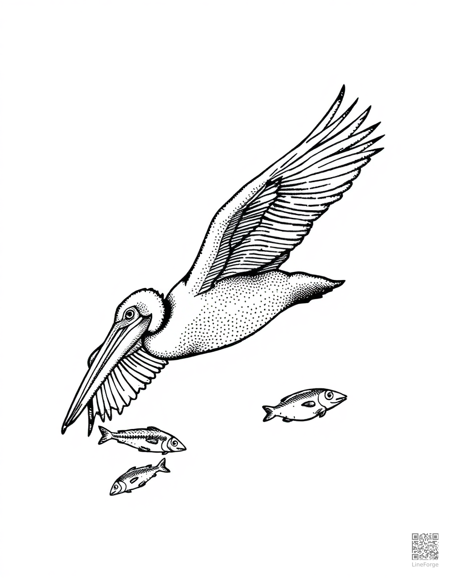 Free pelican diving for fish coloring page in stipple style — printable line art