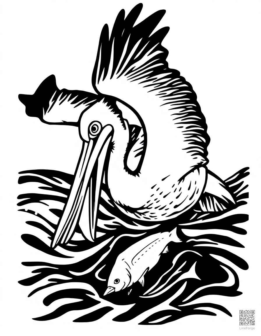 pelican diving for fish coloring page Woodcut style - free printable