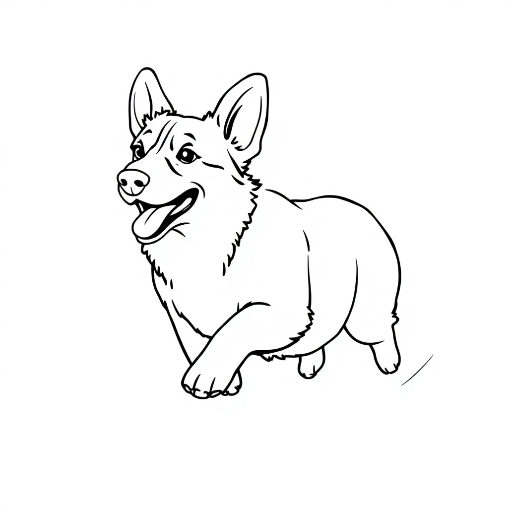 Pembroke Welsh Corgi dog — playing and running, energetic and joyful coloring page Contour style - free printable