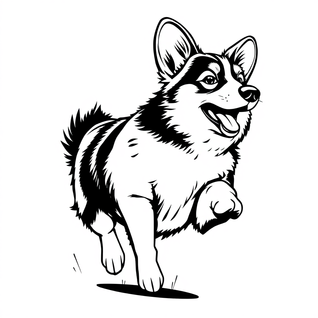 Pembroke Welsh Corgi dog — playing and running, energetic and joyful coloring page Manga style - free printable