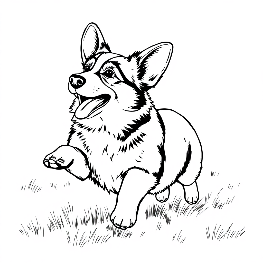 Pembroke Welsh Corgi dog — playing and running, energetic and joyful coloring page Rockwell style free printable