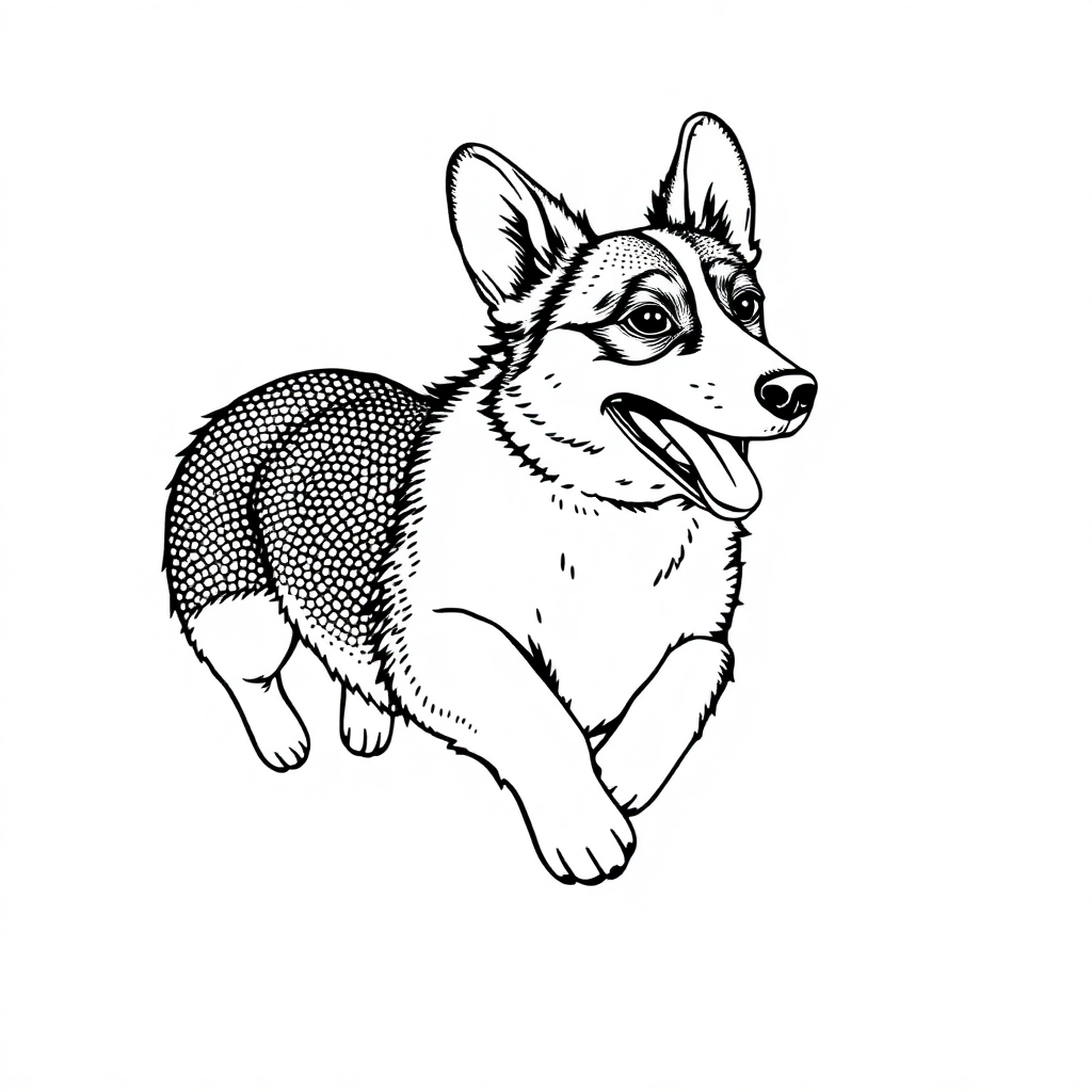 Pembroke Welsh Corgi dog — playing and running, energetic and joyful coloring page Stipple style - free printable