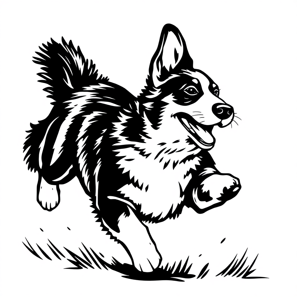 Pembroke Welsh Corgi dog — playing and running, energetic and joyful coloring page Woodcut style - free printable