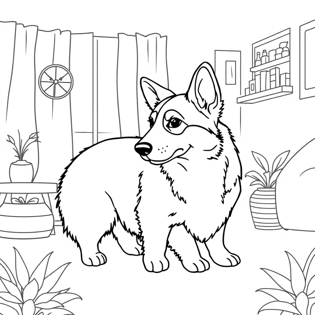 Pembroke Welsh Corgi dog — with a young child in a cozy home setting coloring page Contour style - free printable