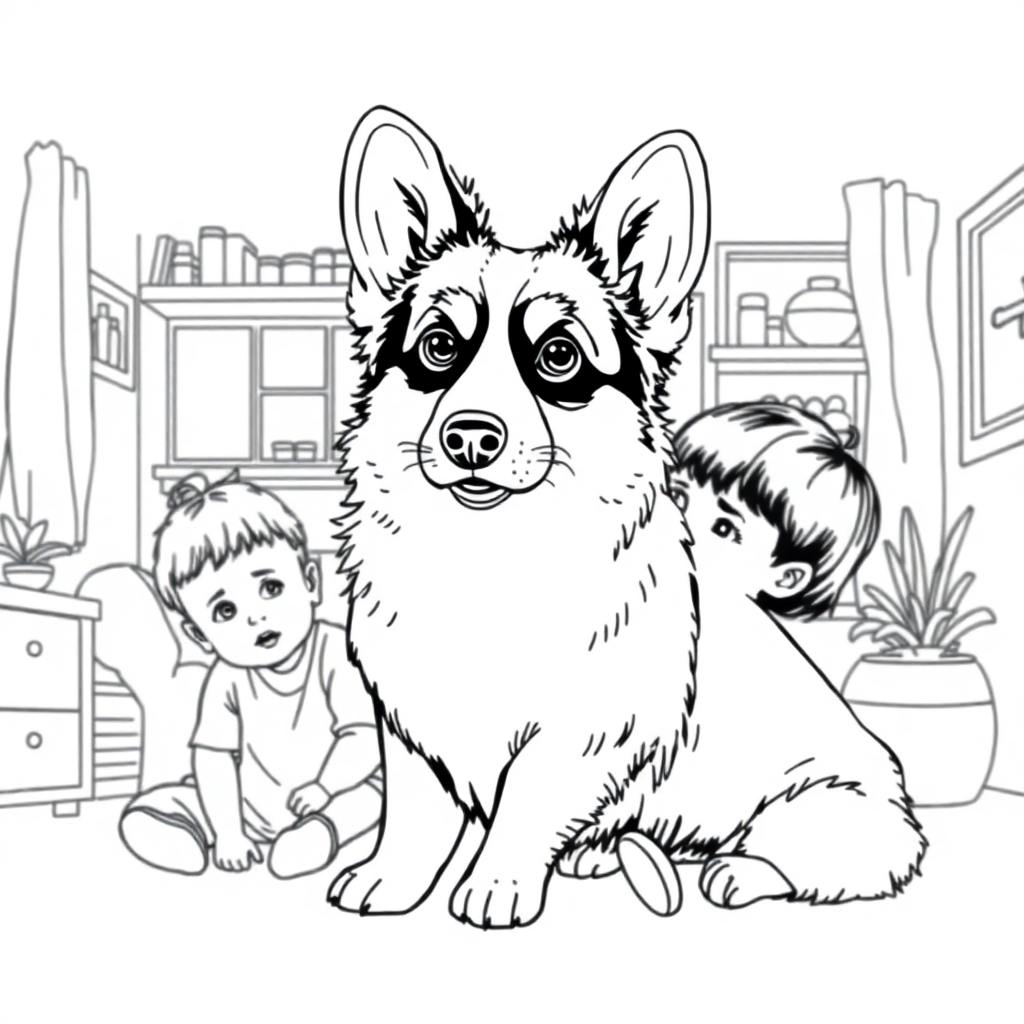 Pembroke Welsh Corgi dog — with a young child in a cozy home setting coloring page Manga style - free printable