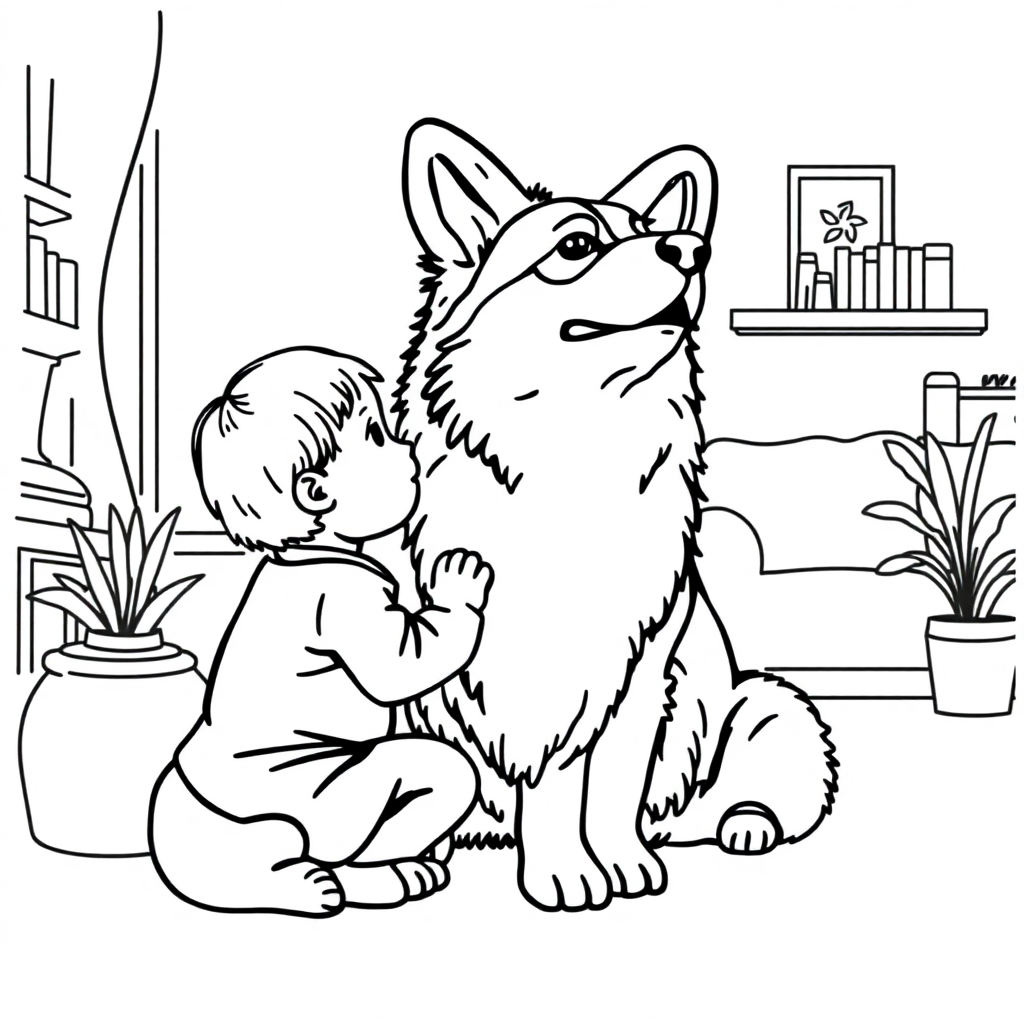 Pembroke Welsh Corgi dog — with a young child in a cozy home setting coloring page Minimal style - free printable