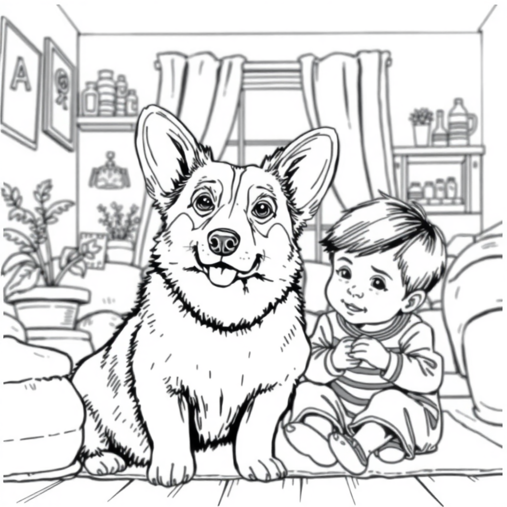 Pembroke Welsh Corgi dog — with a young child in a cozy home setting coloring page Rockwell style free printable