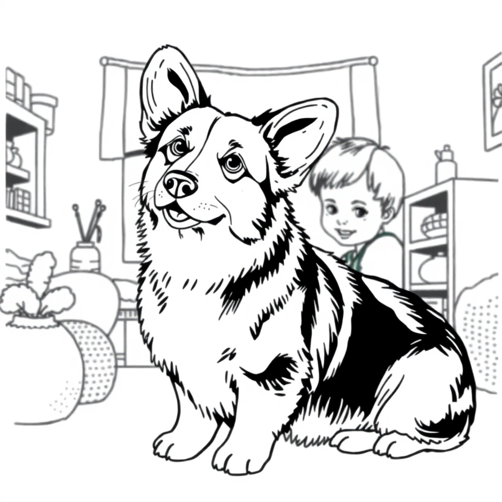 Pembroke Welsh Corgi dog — with a young child in a cozy home setting coloring page Stipple style - free printable