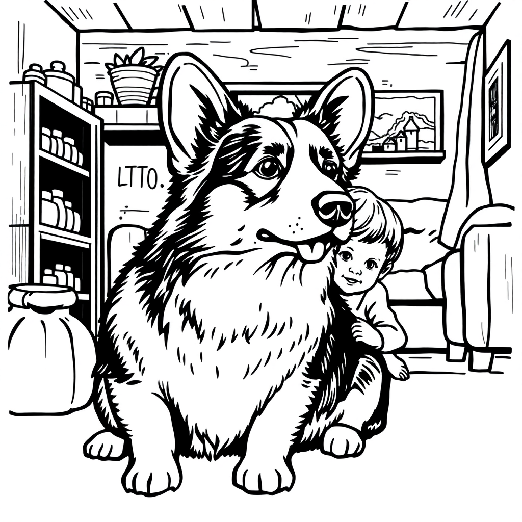 Pembroke Welsh Corgi dog — with a young child in a cozy home setting coloring page Woodcut style - free printable