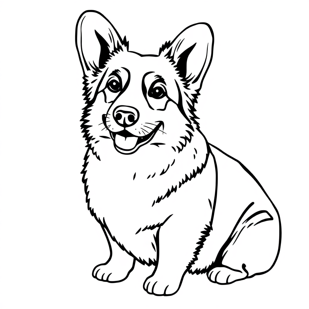 Pembroke Welsh Corgi dog — sitting portrait, looking at viewer, friendly expression coloring page Contour style free printable