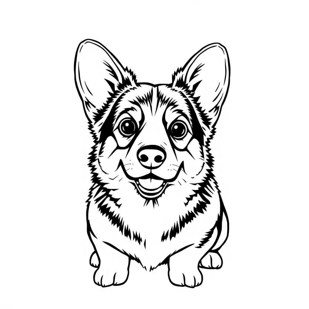 Pembroke Welsh Corgi dog — sitting portrait, looking at viewer, friendly expression coloring page Manga style free printable