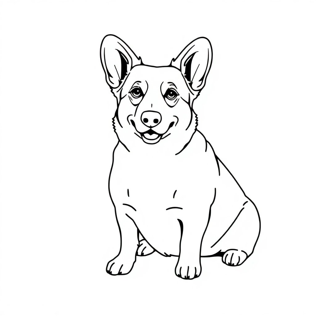 Pembroke Welsh Corgi dog — sitting portrait, looking at viewer, friendly expression coloring page Minimal style free printable