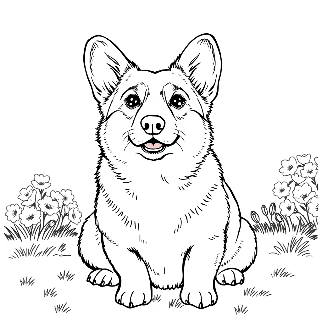 Pembroke Welsh Corgi dog — sitting portrait, looking at viewer, friendly expression coloring page Rockwell style free printable
