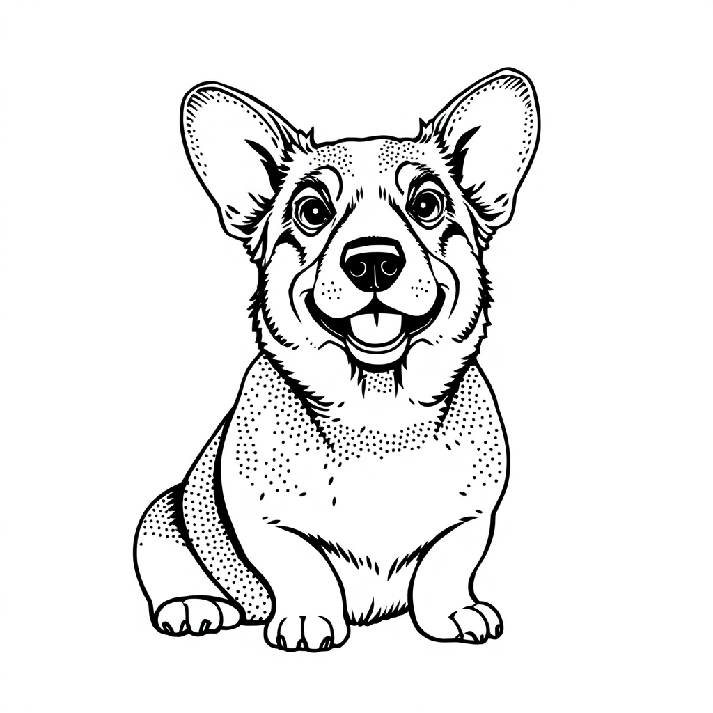 Pembroke Welsh Corgi dog — sitting portrait, looking at viewer, friendly expression coloring page Stipple style free printable