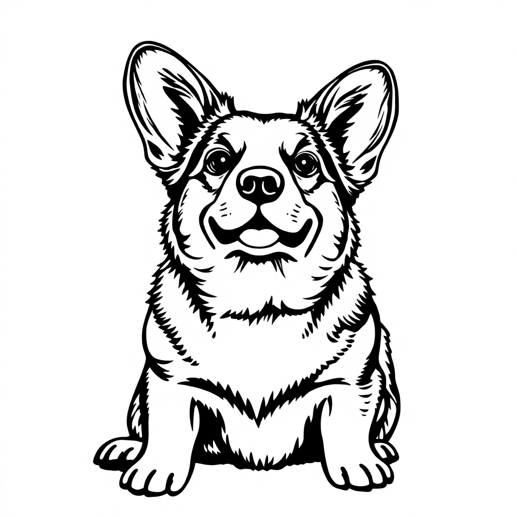 Pembroke Welsh Corgi dog — sitting portrait, looking at viewer, friendly expression coloring page Woodcut style free printable