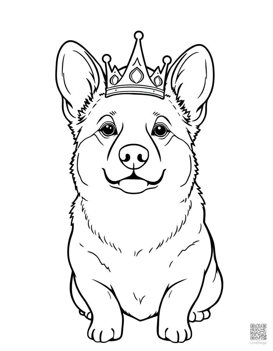 Free pembroke welsh corgi wearing a tiny crown coloring page in contour style — printable line art