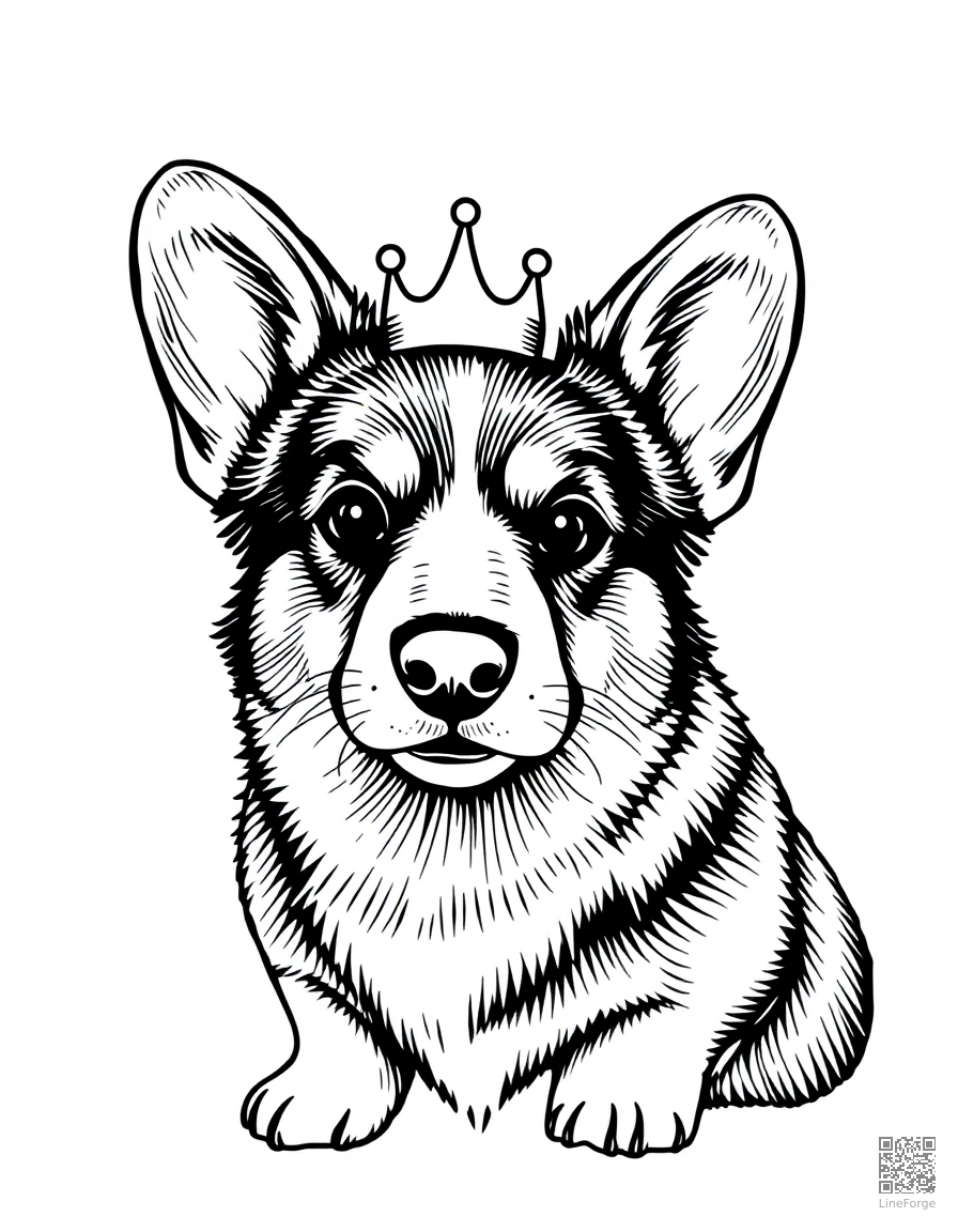 pembroke welsh corgi wearing a tiny crown coloring page Crosshatch style - free printable