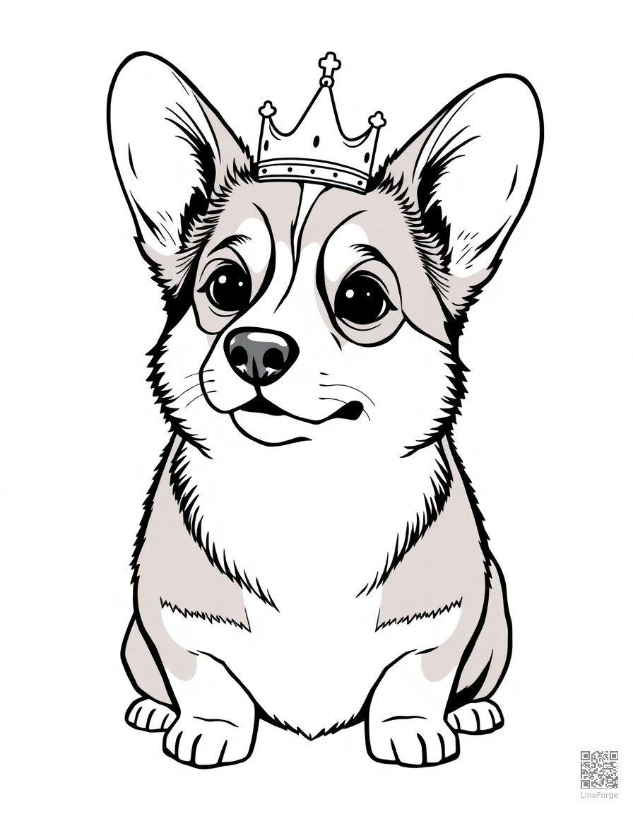 Free pembroke welsh corgi wearing a tiny crown coloring page in manga style — printable line art