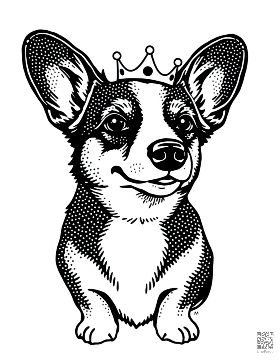 Free pembroke welsh corgi wearing a tiny crown coloring page in stipple style — printable line art