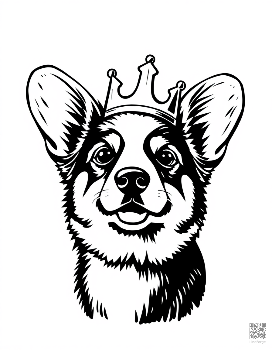 pembroke welsh corgi wearing a tiny crown coloring page Woodcut style - free printable